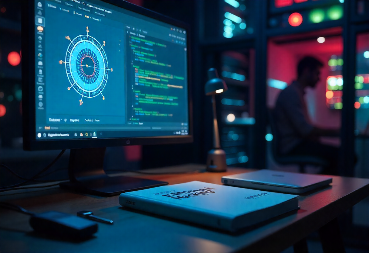 Developers collaborating on a technical blueprint, representing Custom Software Development